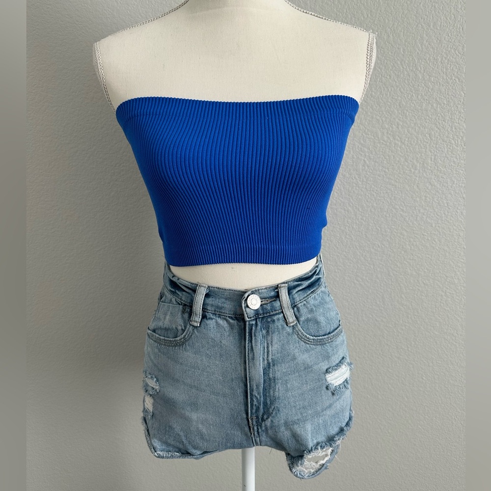 Royal Blue Tube Top Crop Top Stretchy Ribbed Bralette Size Small